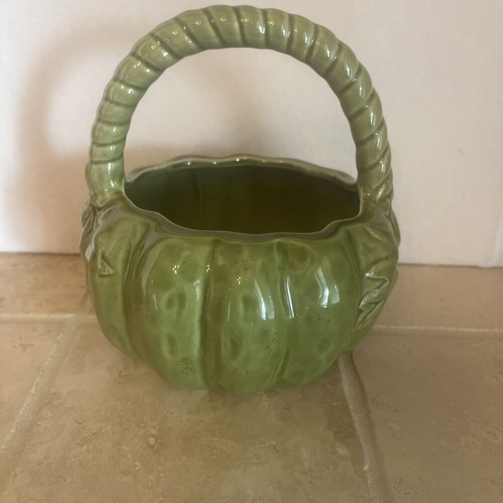 Sage Green Ceramic Pumpkin Basket Twisted Handle Oak Leaves by Chris Madden Home
